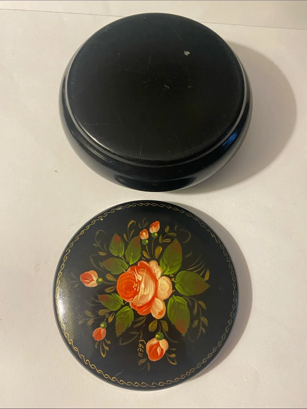 Vintage Russian Hand Painted Black Metal Tin Small Jewelry Trinket Box Floral